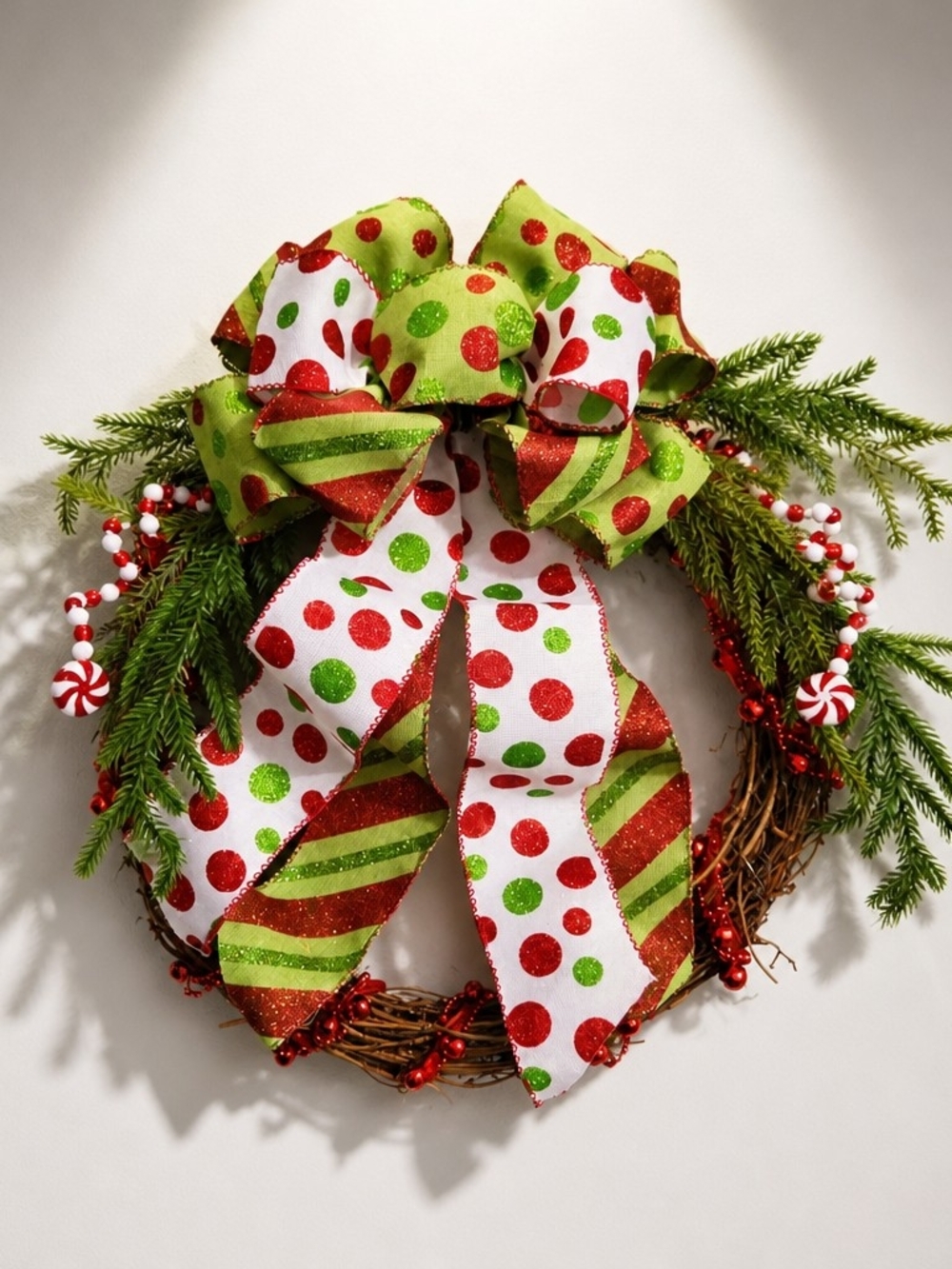 Festive Green & Red Polka Dot Bow Holiday Wreath